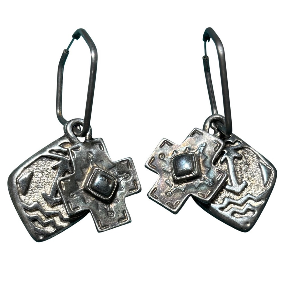 Vintage Silver Tone Anchor and Cross Interchangeable Charm Hoop Earrings 22g‎